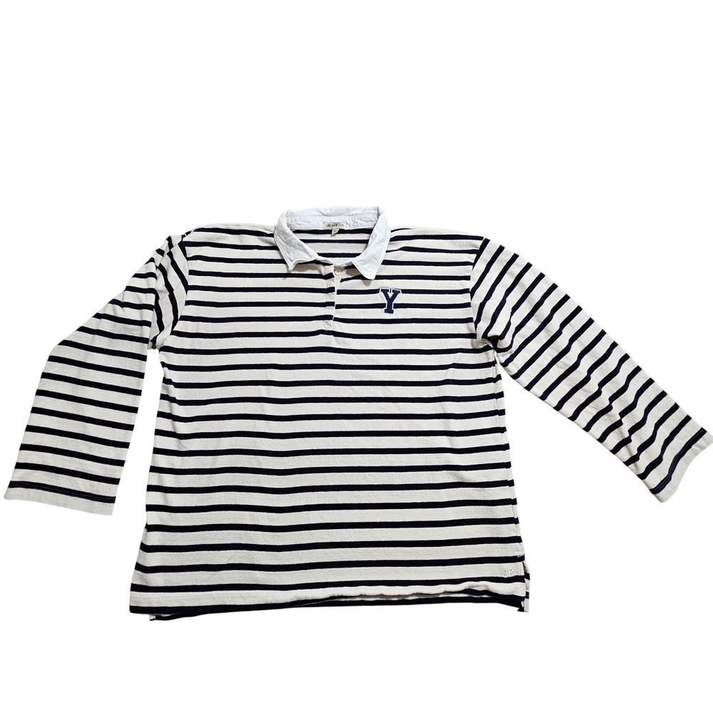 Albion Yale Rugby Shirt XL Cream Navy Blue Striped Long Sleeve Collegiate Polo